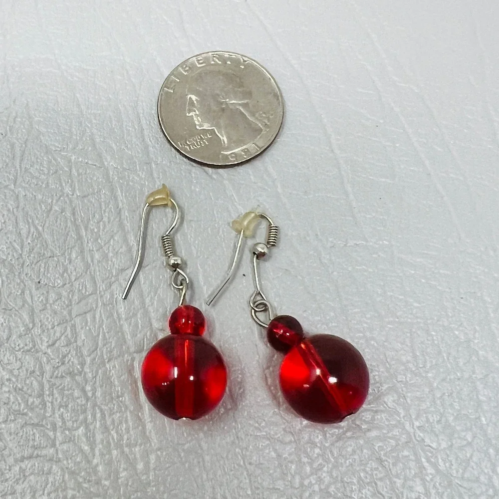 Red Translucent Earrings Double Glass Bead Dangle Drop‎ Silver Tone Hooks